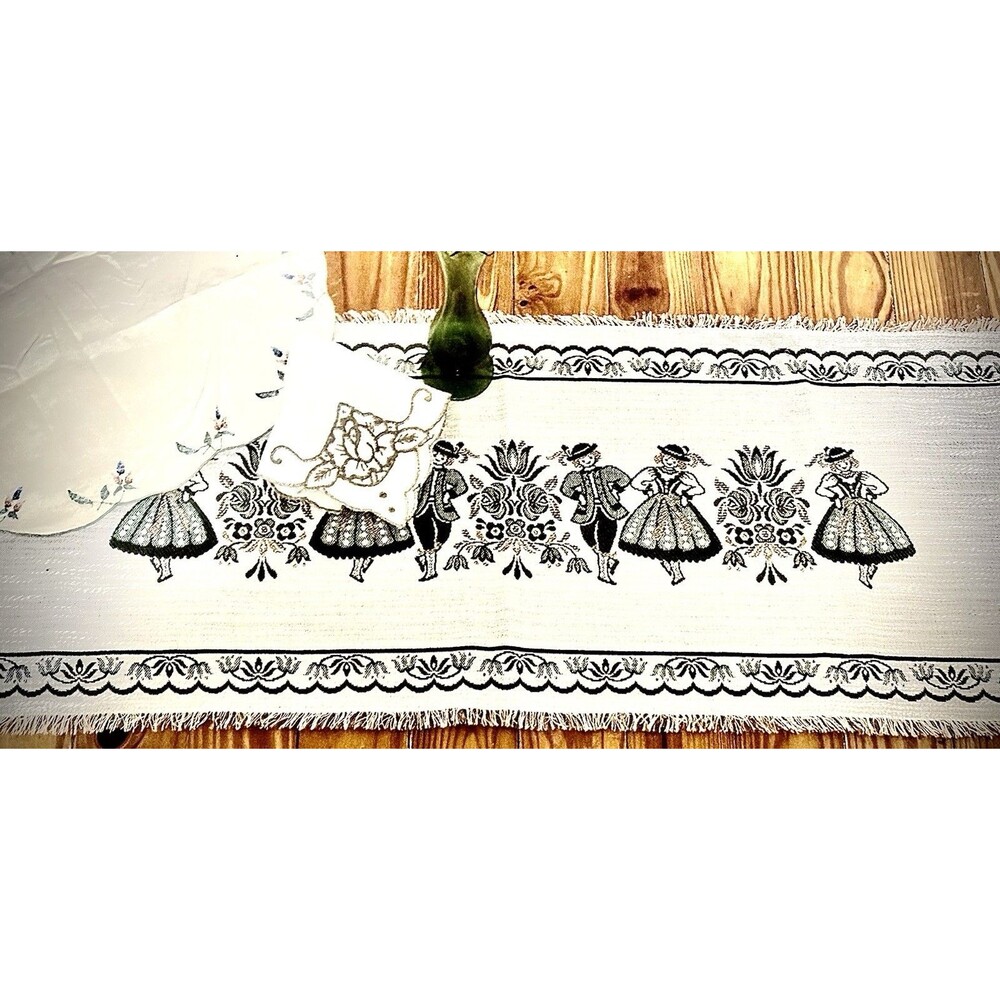Vintage Folk Art Table Runner 39.5” x 15” Cottagecore Farmhouse Boho Neutral